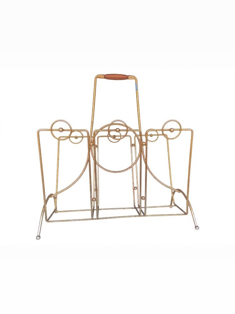 Vintage Midcentury Modern Brass Magazine Rack with Teak Handle
